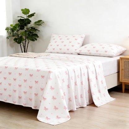 Pink Bow Sheet Set Full Size Heart Fitted Sheet Set for Girls Kids Soft Microfiber Fitted Flat Sheets & Pillowcases - Princess Style Bowknot Stripes Bedding Sets 4 Pieces Cute Sweet Bed Set