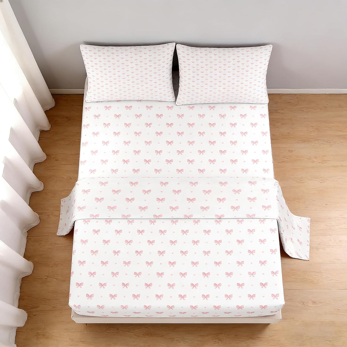 Pink Bow Sheet Set Full Size Heart Fitted Sheet Set for Girls Kids Soft Microfiber Fitted Flat Sheets & Pillowcases - Princess Style Bowknot Stripes Bedding Sets 4 Pieces Cute Sweet Bed Set