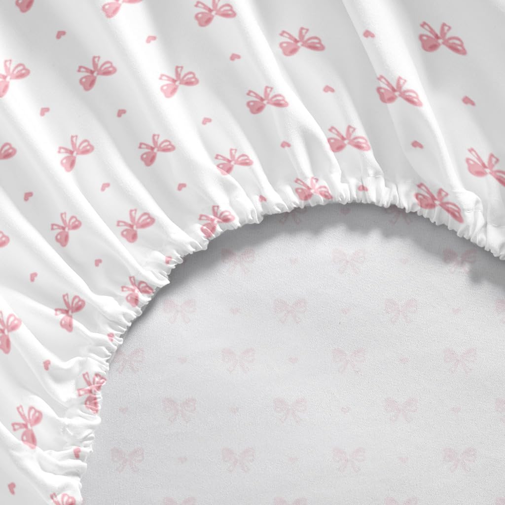 Pink Bow Sheet Set Full Size Heart Fitted Sheet Set for Girls Kids Soft Microfiber Fitted Flat Sheets & Pillowcases - Princess Style Bowknot Stripes Bedding Sets 4 Pieces Cute Sweet Bed Set
