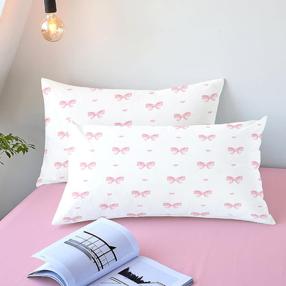 Pink Bow Sheet Set Full Size Heart Fitted Sheet Set for Girls Kids Soft Microfiber Fitted Flat Sheets & Pillowcases - Princess Style Bowknot Stripes Bedding Sets 4 Pieces Cute Sweet Bed Set