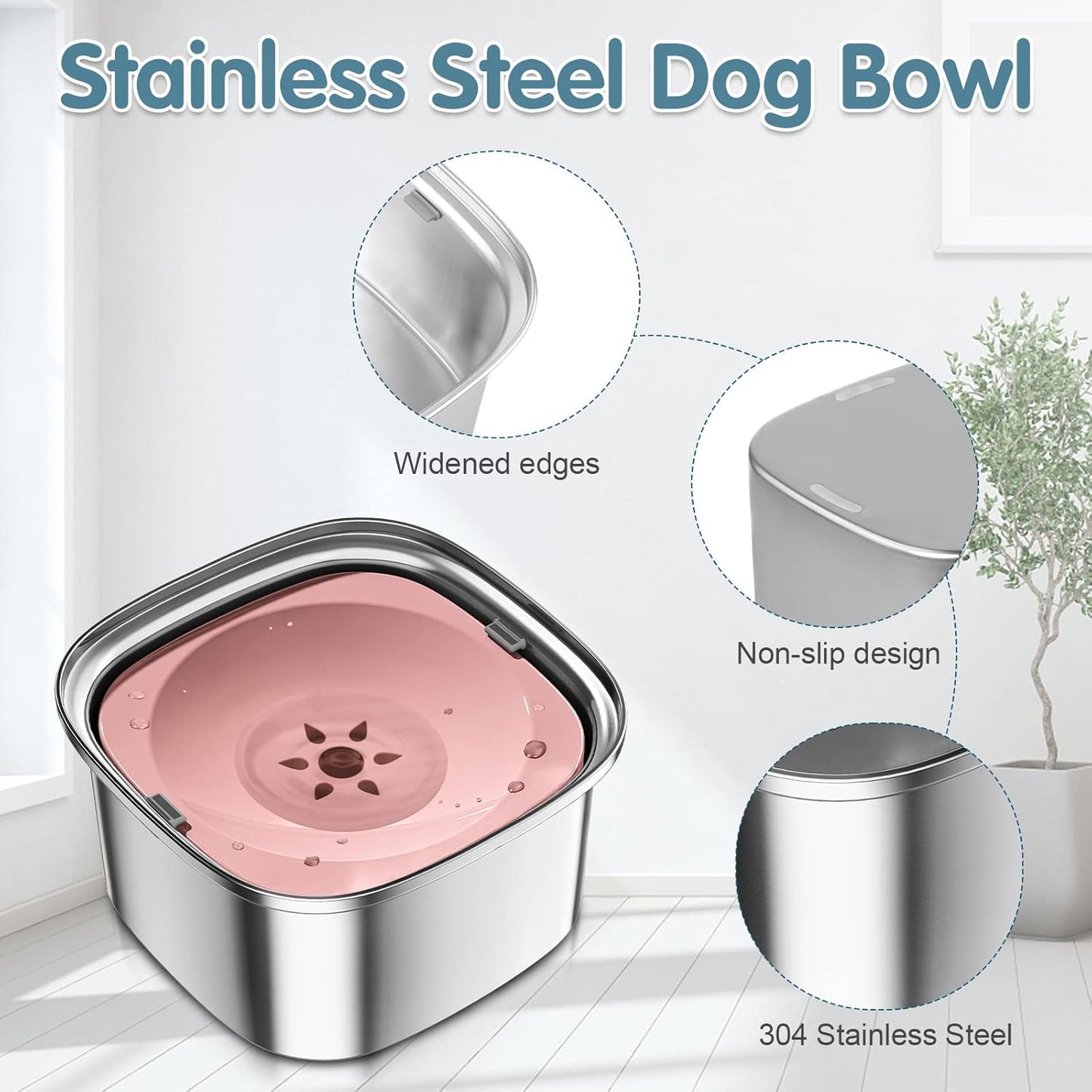 3L Dog Water Bowl 101oz Stainless Steel No Spill Large Capacity Dog Food Water Bowl Slow Water Feeder, Spill Proof Pet Water Dispenser Vehicle Carried Travel Water Bowls