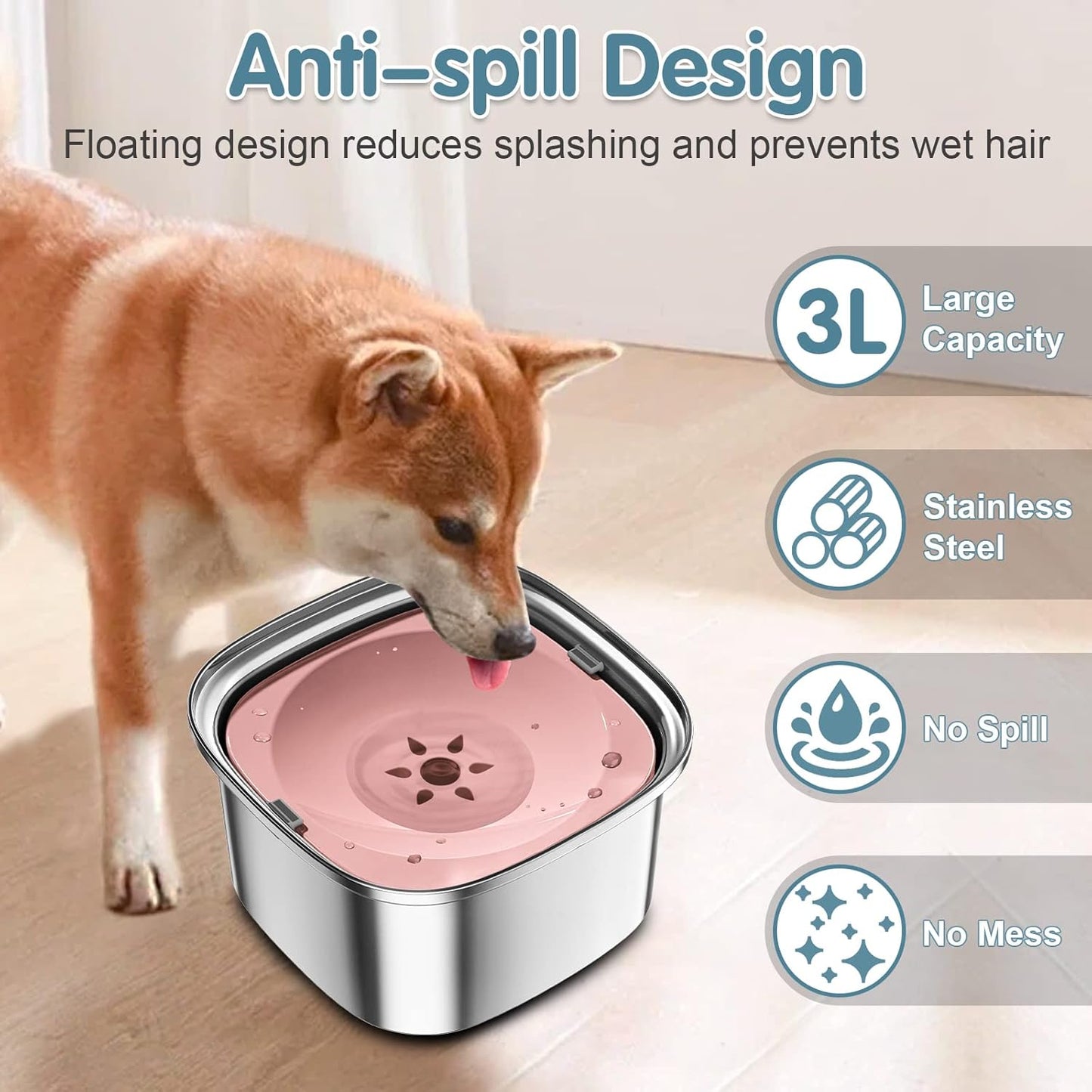 3L Dog Water Bowl 101oz Stainless Steel No Spill Large Capacity Dog Food Water Bowl Slow Water Feeder, Spill Proof Pet Water Dispenser Vehicle Carried Travel Water Bowls