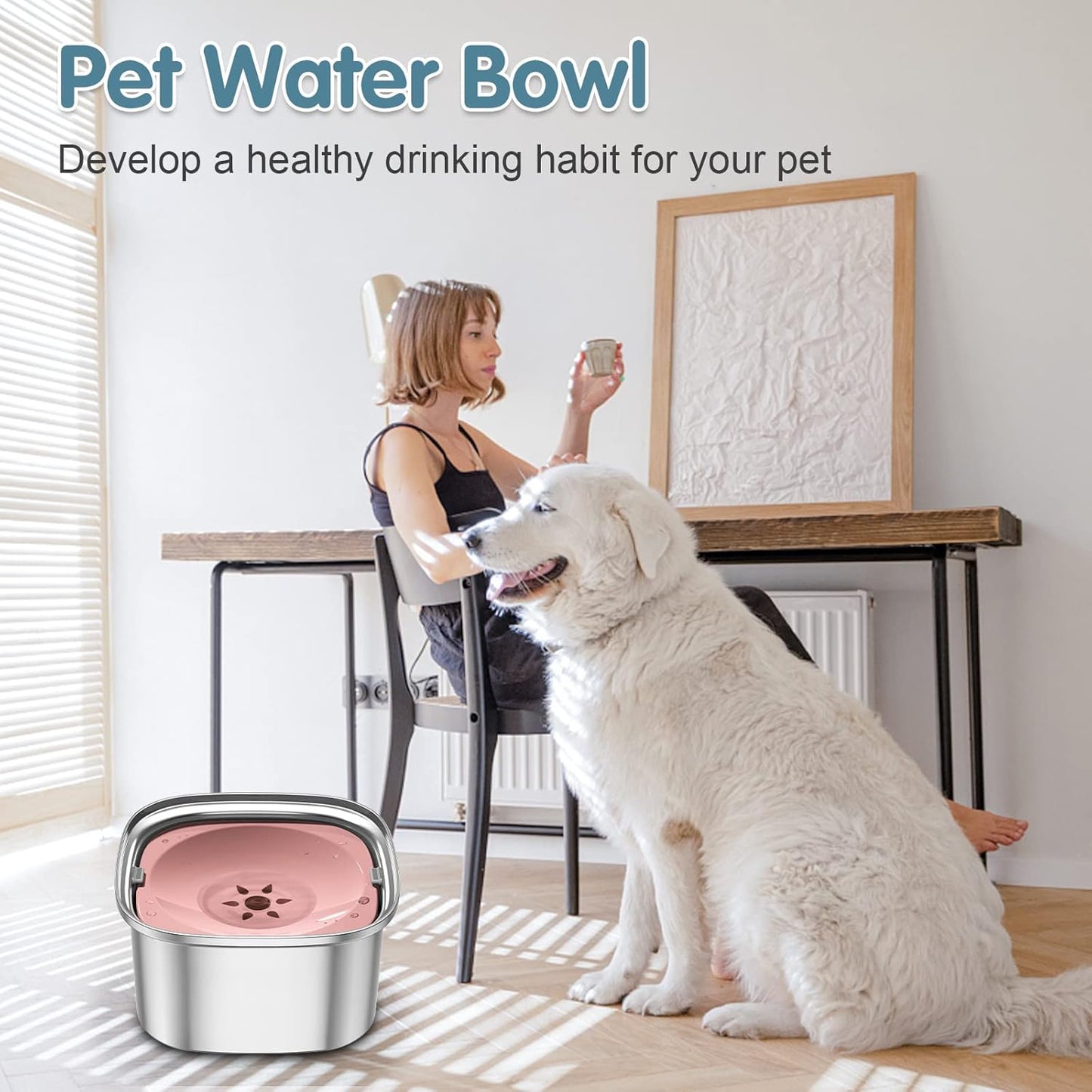 3L Dog Water Bowl 101oz Stainless Steel No Spill Large Capacity Dog Food Water Bowl Slow Water Feeder, Spill Proof Pet Water Dispenser Vehicle Carried Travel Water Bowls