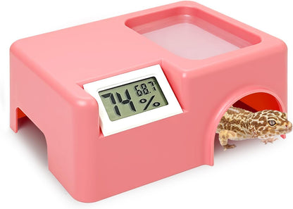 Small Reptile Hide,Gecko Hide Cave,Humid Hideout for Reptiles,with Humidification Groove,Temperature and Humidity Monitor,for Leopard Geckos,Lizards,Frog,Cornsnake-Small,5.51''×3.54''×2.2'' (Pink)