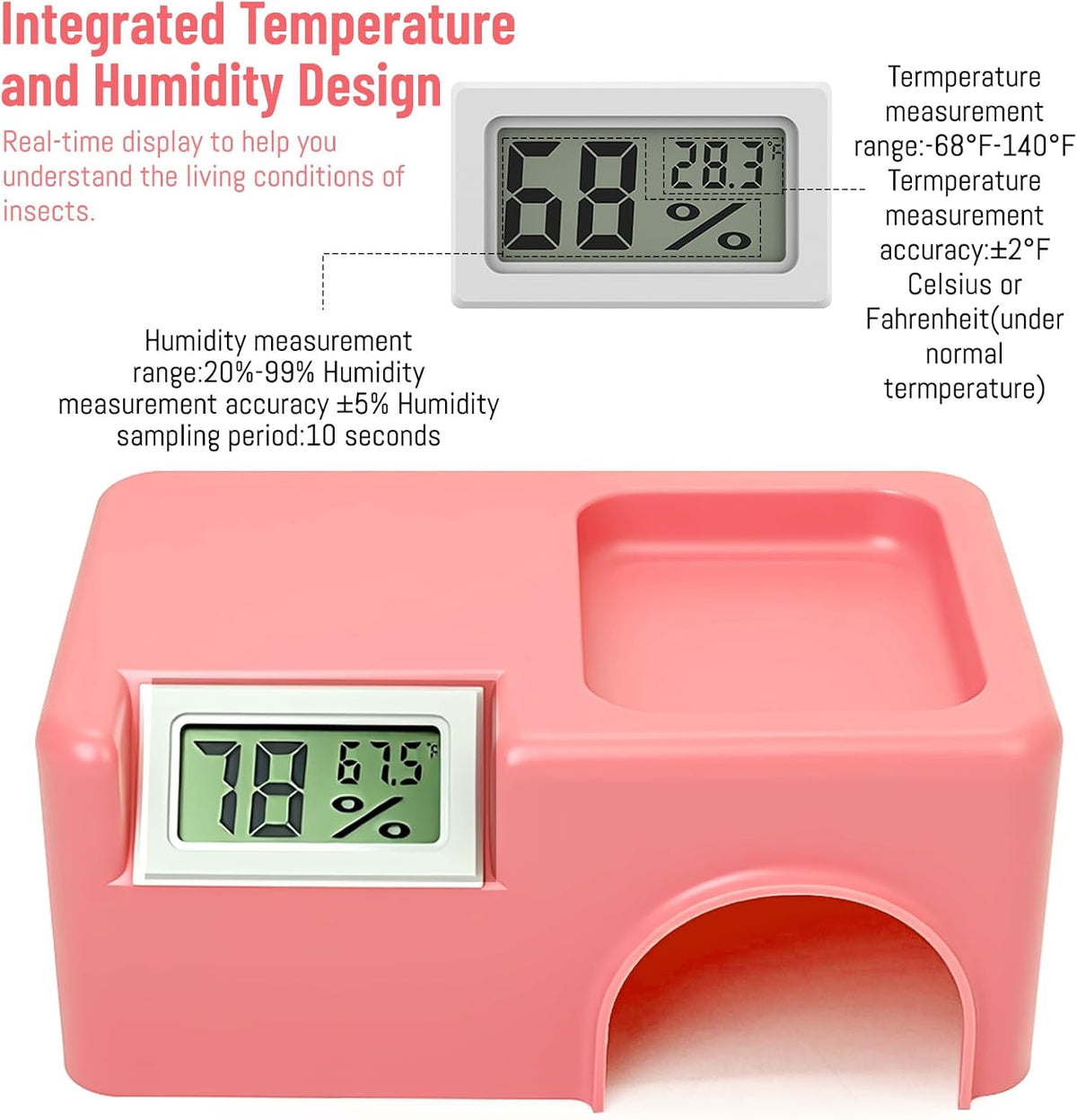 Small Reptile Hide,Gecko Hide Cave,Humid Hideout for Reptiles,with Humidification Groove,Temperature and Humidity Monitor,for Leopard Geckos,Lizards,Frog,Cornsnake-Small,5.51''×3.54''×2.2'' (Pink)
