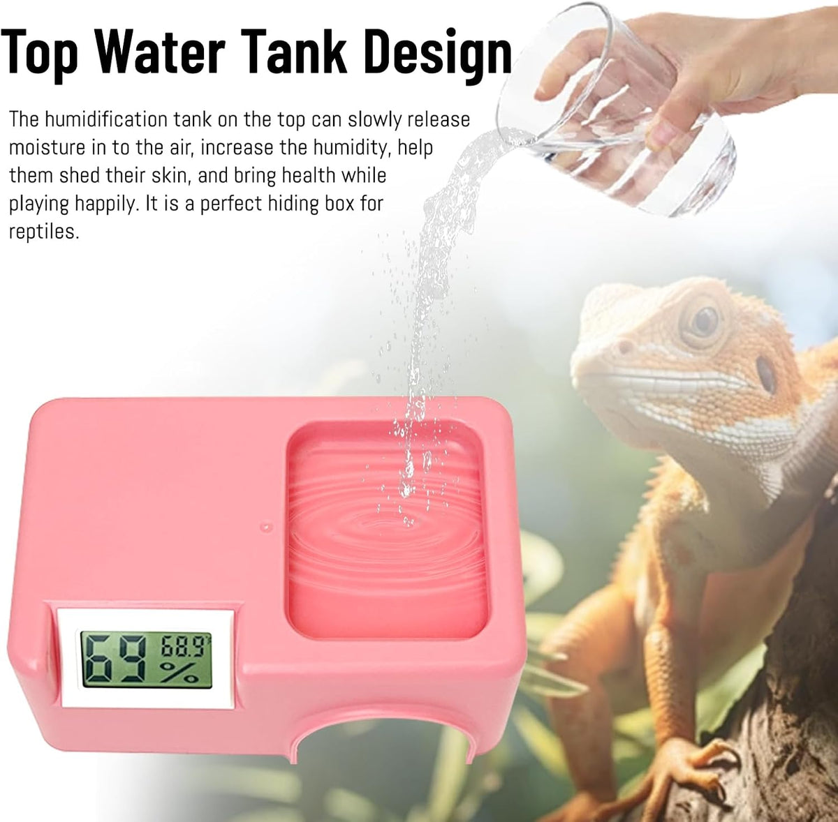 Small Reptile Hide,Gecko Hide Cave,Humid Hideout for Reptiles,with Humidification Groove,Temperature and Humidity Monitor,for Leopard Geckos,Lizards,Frog,Cornsnake-Small,5.51''×3.54''×2.2'' (Pink)