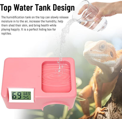 Small Reptile Hide,Gecko Hide Cave,Humid Hideout for Reptiles,with Humidification Groove,Temperature and Humidity Monitor,for Leopard Geckos,Lizards,Frog,Cornsnake-Small,5.51''×3.54''×2.2'' (Pink)