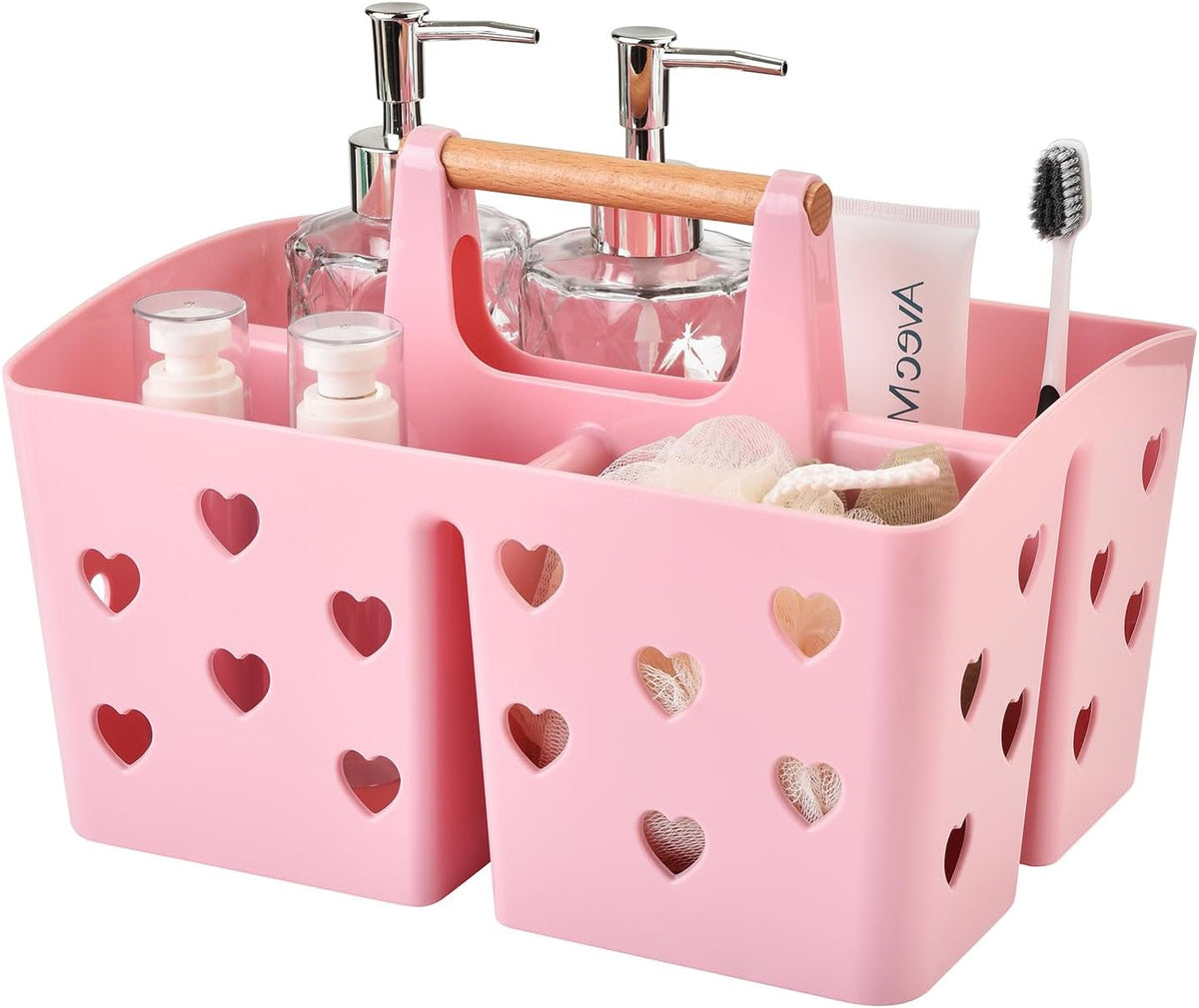 Pink Portable Shower Caddy, Plastic Basket Organizer with Wooden Handle