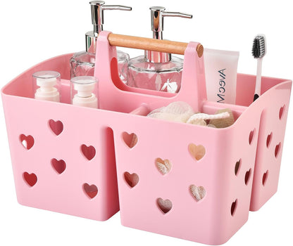 Pink Portable Shower Caddy, Plastic Basket Organizer with Wooden Handle