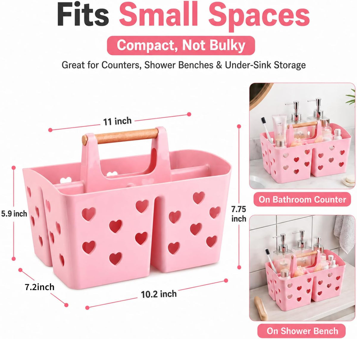 Pink Portable Shower Caddy, Plastic Basket Organizer with Wooden Handle