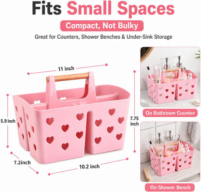 Pink Portable Shower Caddy, Plastic Basket Organizer with Wooden Handle