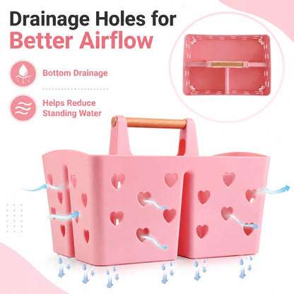 Pink Portable Shower Caddy, Plastic Basket Organizer with Wooden Handle