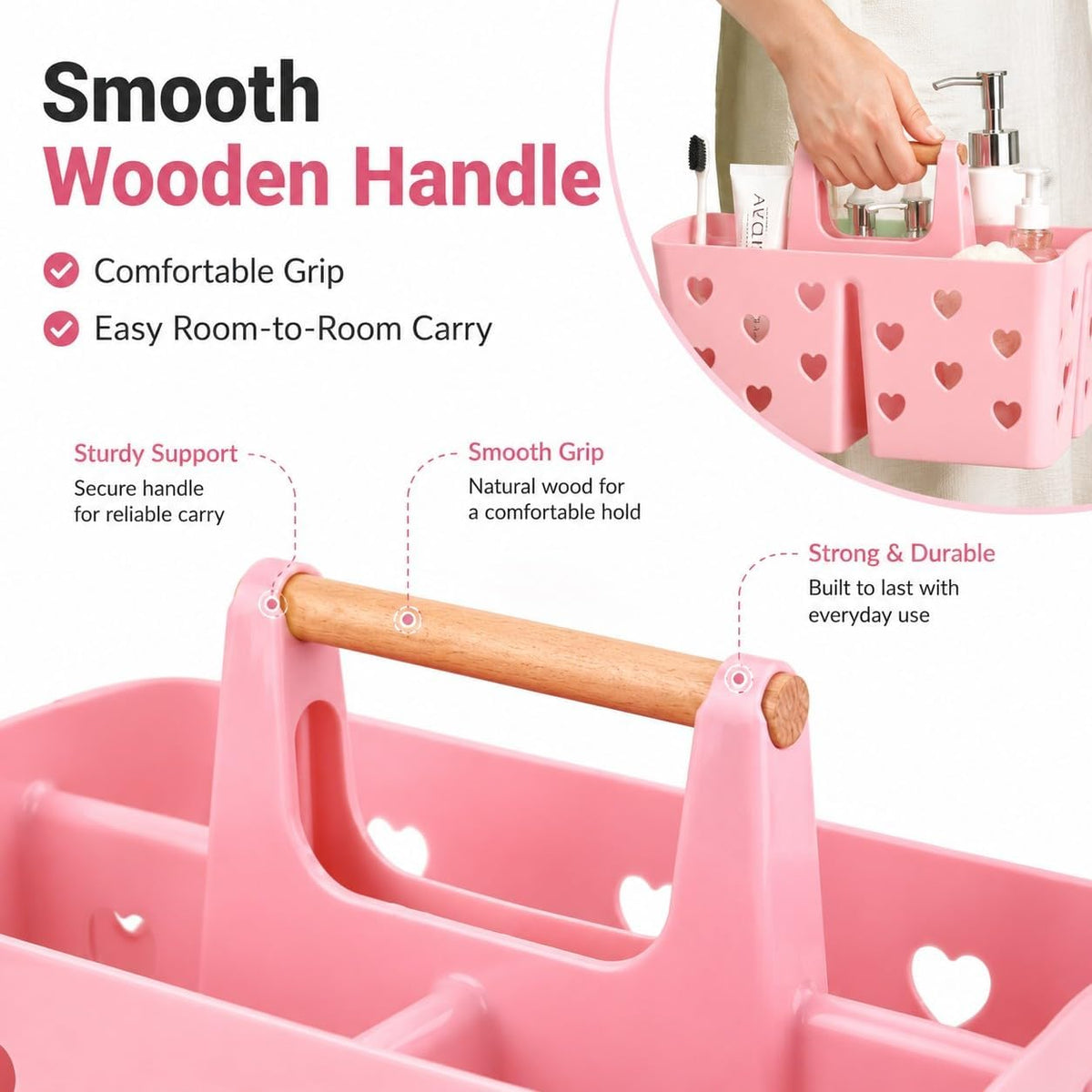 Pink Portable Shower Caddy, Plastic Basket Organizer with Wooden Handle