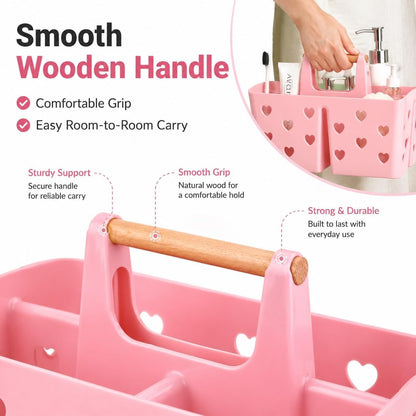 Pink Portable Shower Caddy, Plastic Basket Organizer with Wooden Handle