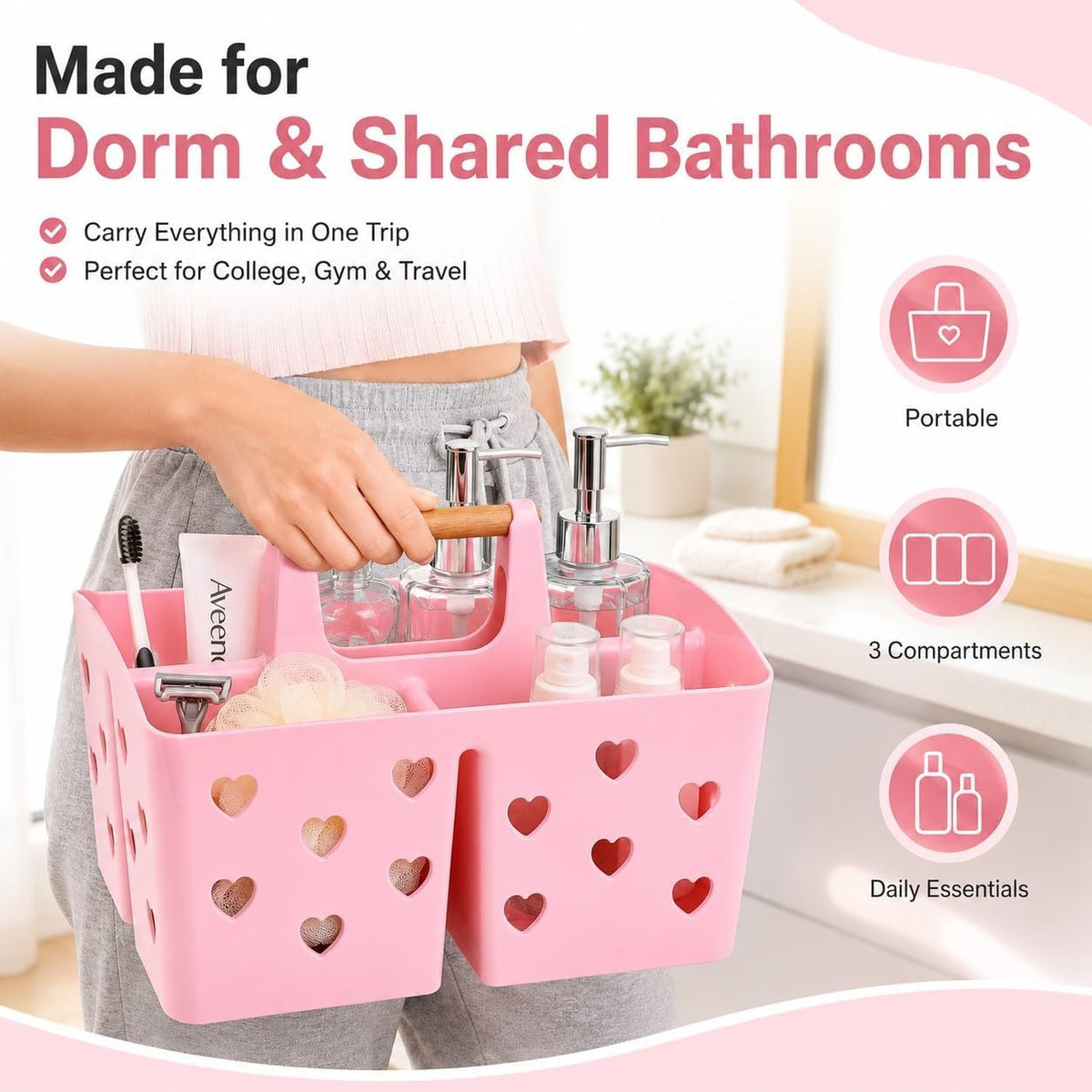 Pink Portable Shower Caddy, Plastic Basket Organizer with Wooden Handle
