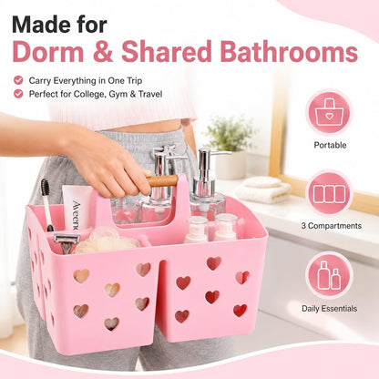 Pink Portable Shower Caddy, Plastic Basket Organizer with Wooden Handle