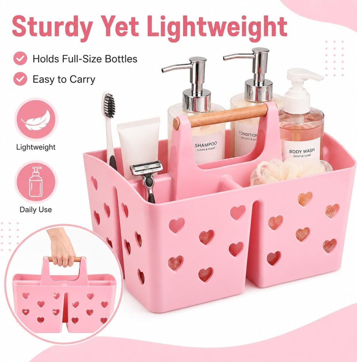 Pink Portable Shower Caddy, Plastic Basket Organizer with Wooden Handle