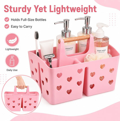 Pink Portable Shower Caddy, Plastic Basket Organizer with Wooden Handle