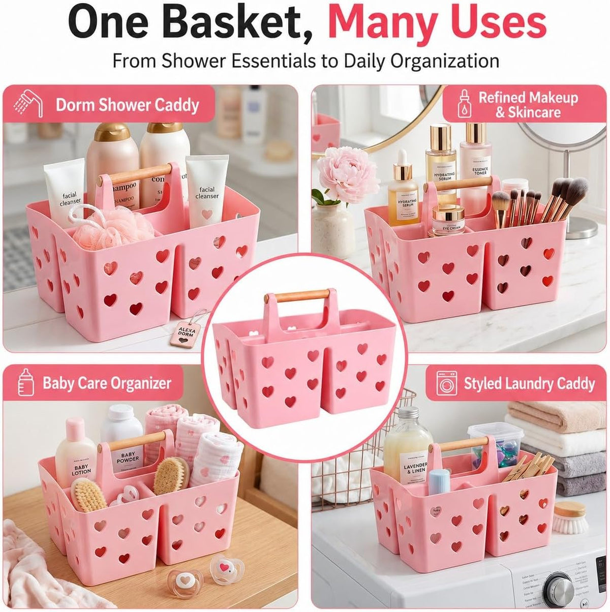 Pink Portable Shower Caddy, Plastic Basket Organizer with Wooden Handle