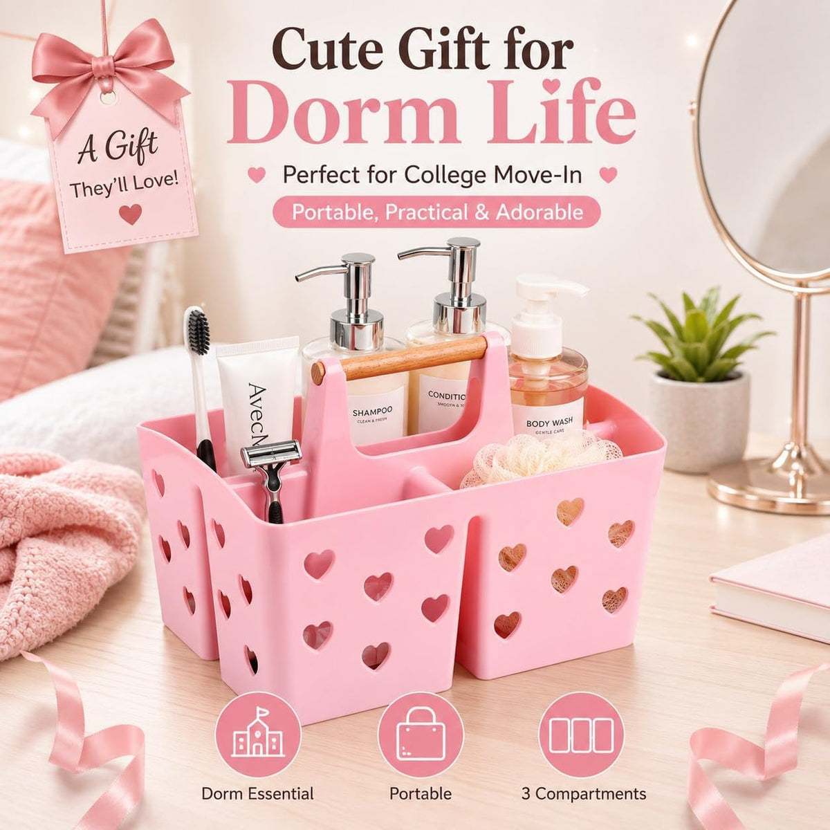 Pink Portable Shower Caddy, Plastic Basket Organizer with Wooden Handle