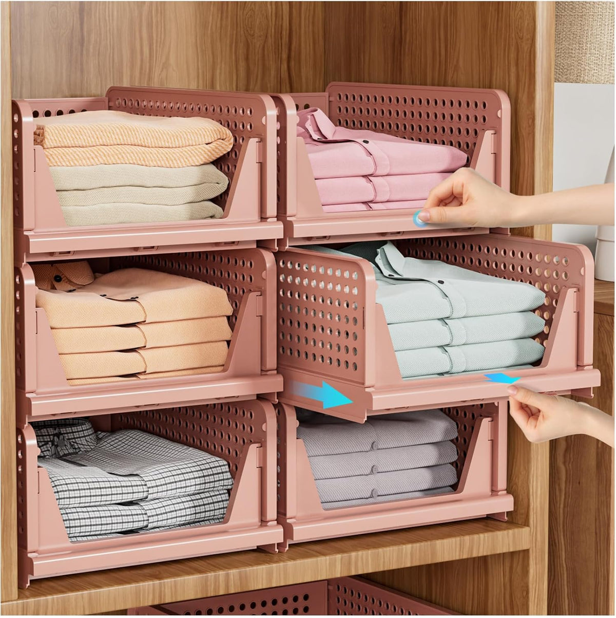 5 Pack Stackable Closet Organizer Box, Multifunctional & Foldable Closet Storage Basket for Bathroom Kitchen Laundry Room Wardrobe Storage, Space-Saving Clothes Storage Drawer Organizer, Pink
