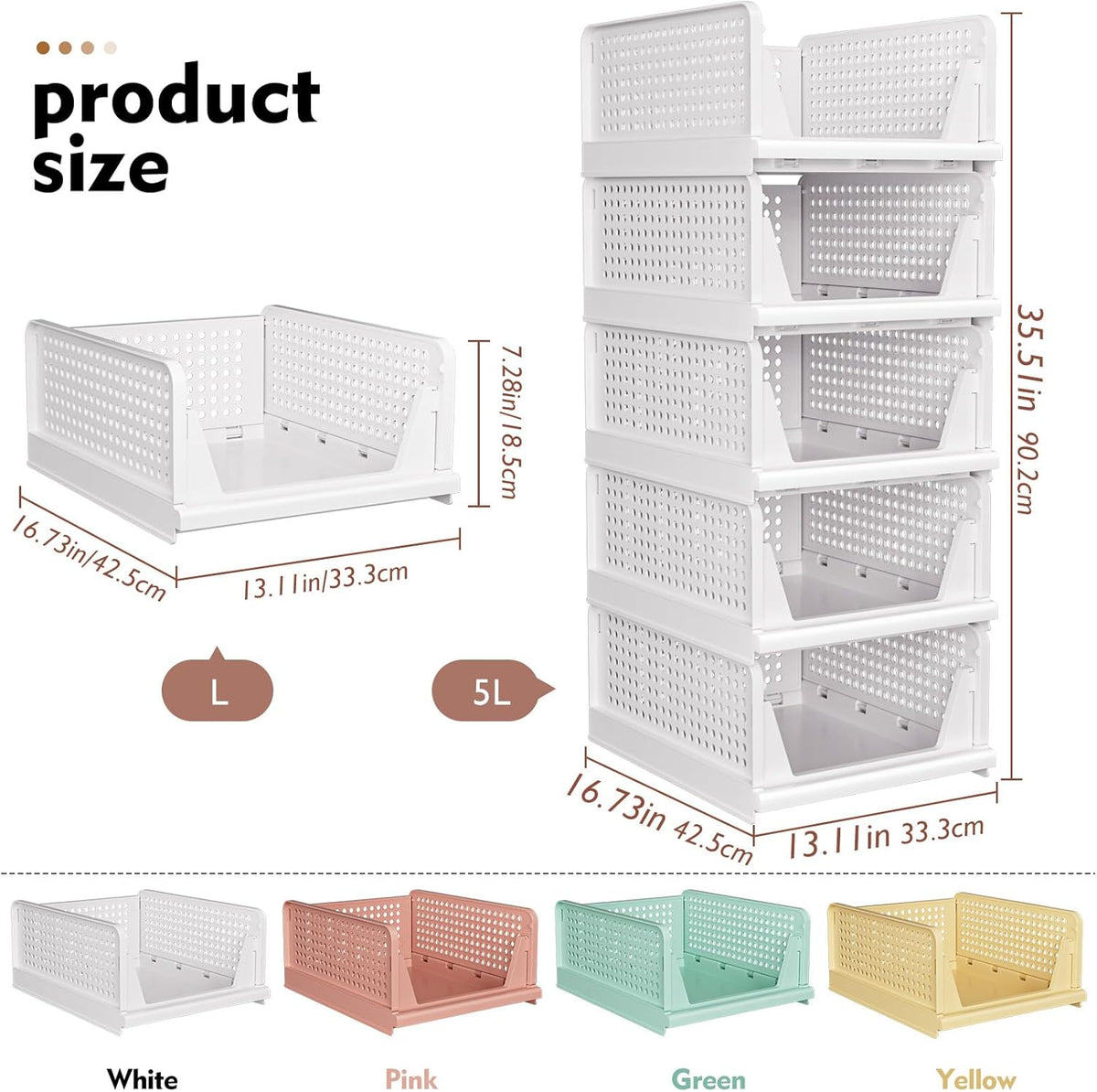 5 Pack Stackable Closet Organizer Box, Multifunctional & Foldable Closet Storage Basket for Bathroom Kitchen Laundry Room Wardrobe Storage, Space-Saving Clothes Storage Drawer Organizer, Pink