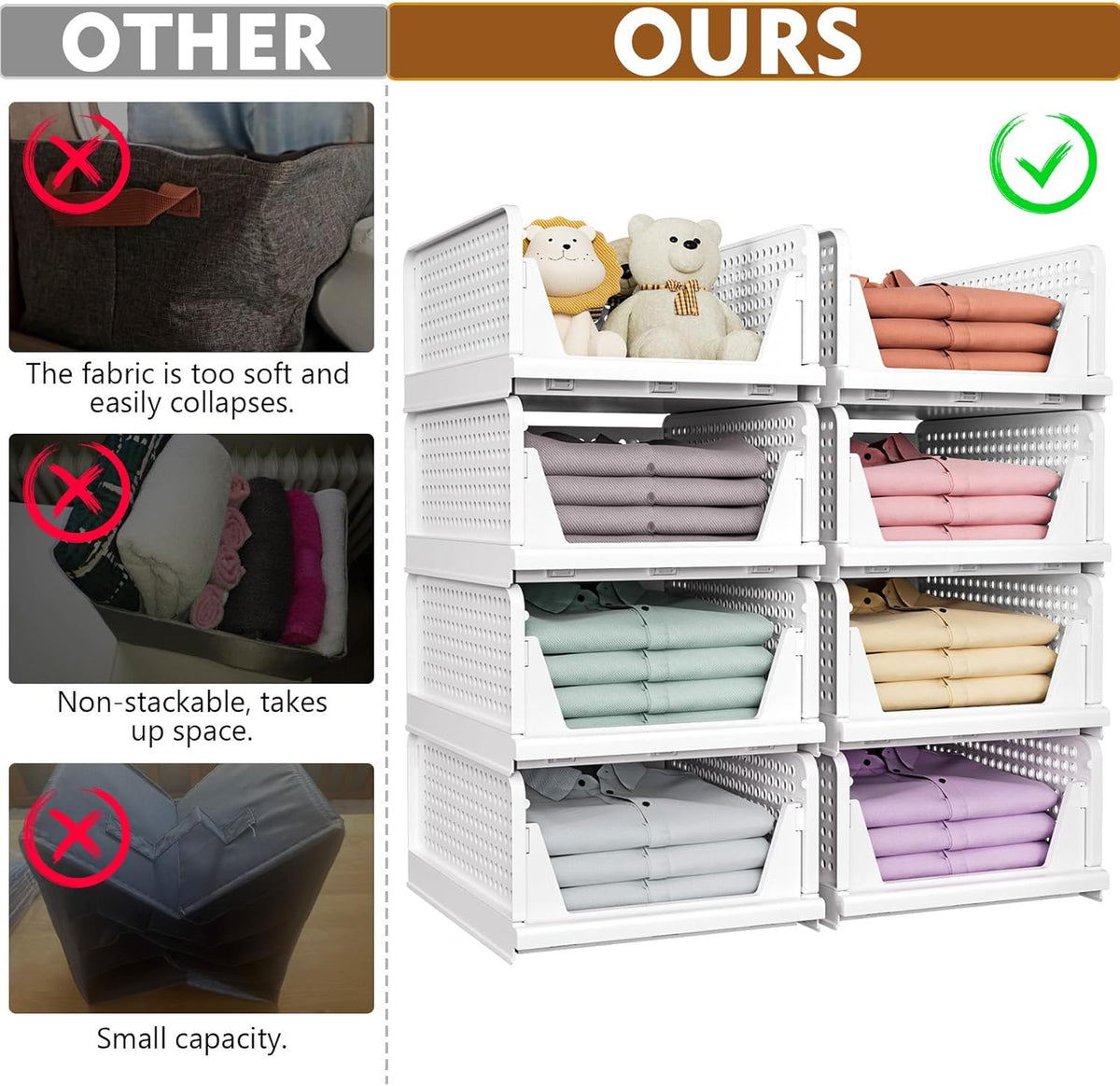 5 Pack Stackable Closet Organizer Box, Multifunctional & Foldable Closet Storage Basket for Bathroom Kitchen Laundry Room Wardrobe Storage, Space-Saving Clothes Storage Drawer Organizer, Pink