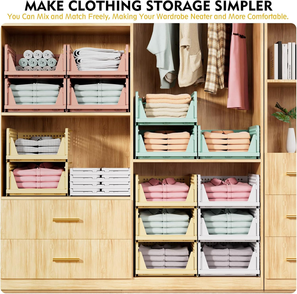 5 Pack Stackable Closet Organizer Box, Multifunctional & Foldable Closet Storage Basket for Bathroom Kitchen Laundry Room Wardrobe Storage, Space-Saving Clothes Storage Drawer Organizer, Pink