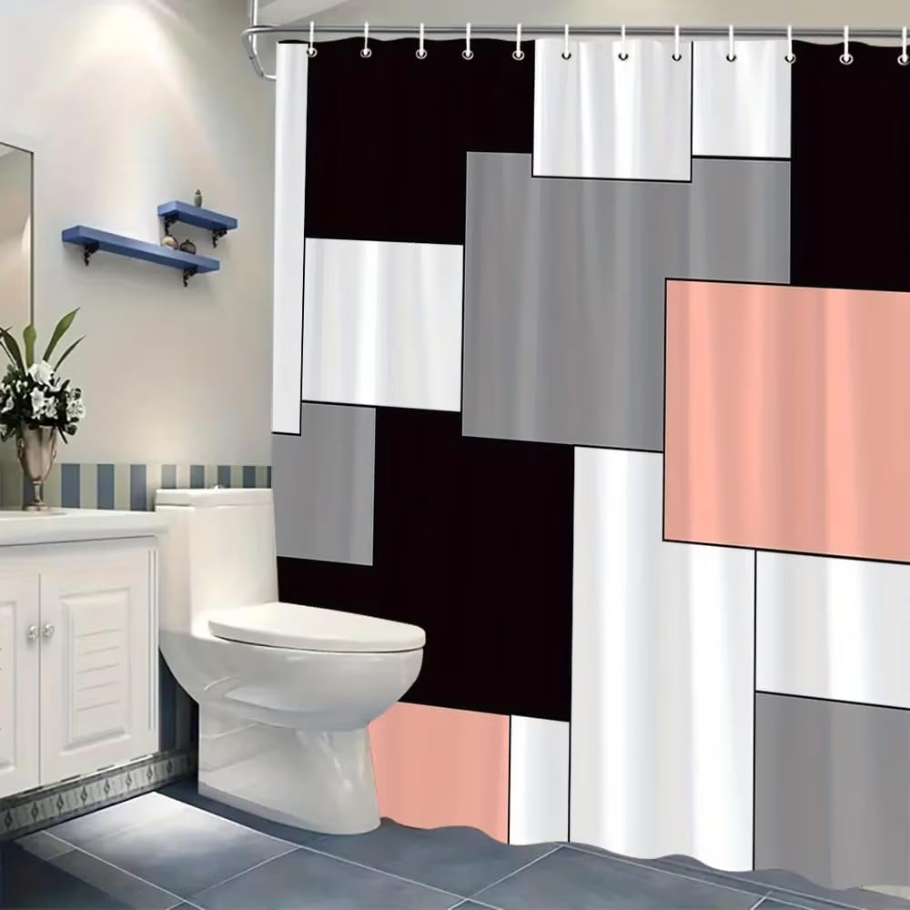 Modern Geometric Abstract Squares Shower Curtain - Black, White, Gray & Peach, Machine Washable, Contemporary Bath Decor 54x72in/137x183cm(WxH)