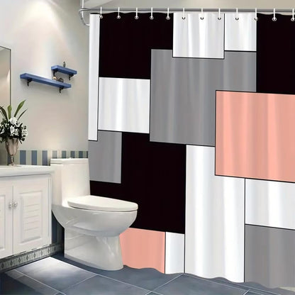 Modern Geometric Abstract Squares Shower Curtain - Black, White, Gray & Peach, Machine Washable, Contemporary Bath Decor 54x72in/137x183cm(WxH)