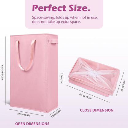 Slim Laundry Hamper Handles Collapsible Laundry Basket Thin Dirty Clothes Basket Narrow Laundry Bag Foldable Dirty Hamper 45L (Pink)