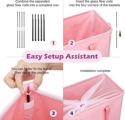 Slim Laundry Hamper Handles Collapsible Laundry Basket Thin Dirty Clothes Basket Narrow Laundry Bag Foldable Dirty Hamper 45L (Pink)