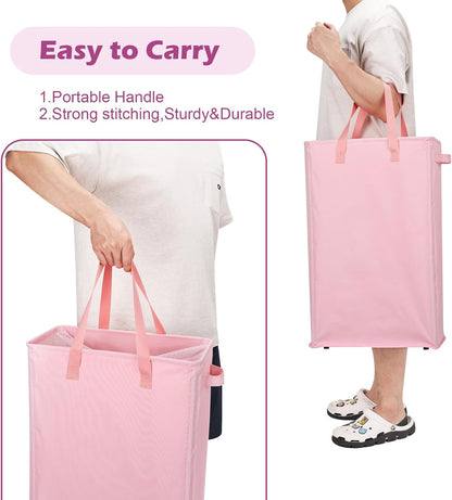Slim Laundry Hamper Handles Collapsible Laundry Basket Thin Dirty Clothes Basket Narrow Laundry Bag Foldable Dirty Hamper 45L (Pink)