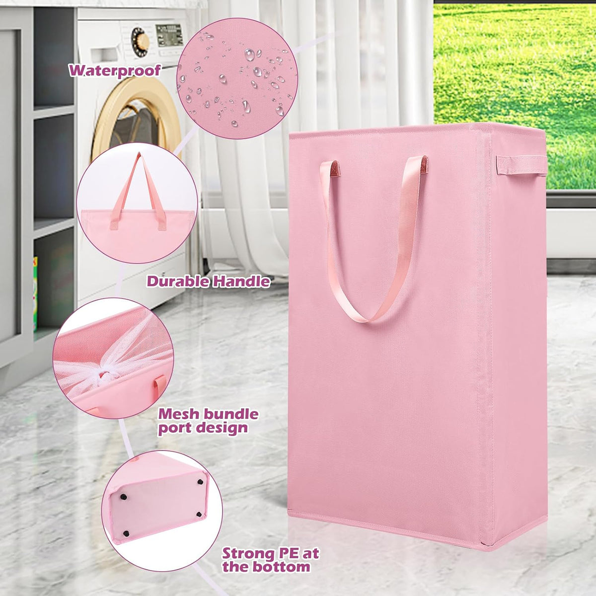 Slim Laundry Hamper Handles Collapsible Laundry Basket Thin Dirty Clothes Basket Narrow Laundry Bag Foldable Dirty Hamper 45L (Pink)