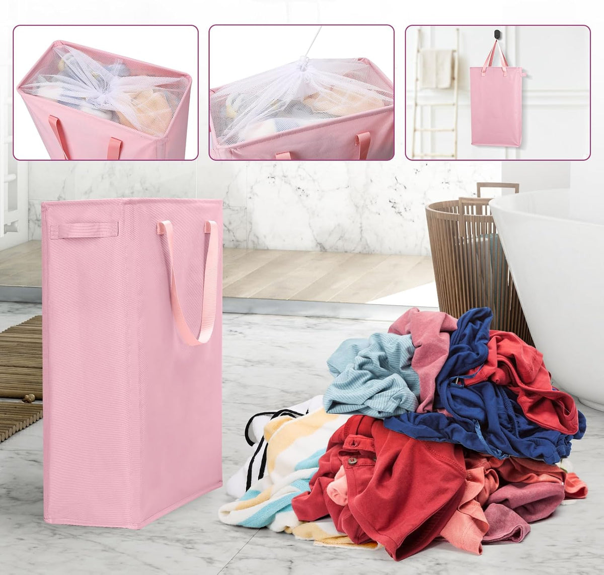 Slim Laundry Hamper Handles Collapsible Laundry Basket Thin Dirty Clothes Basket Narrow Laundry Bag Foldable Dirty Hamper 45L (Pink)