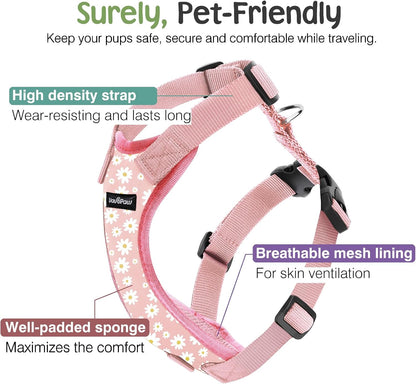 Dog Seat Belt, Safety Vest Dog Car Harness with Adjustable Buckle Dog Seat Belt for Vehicle Nylon Pet Safety Seat Belts Heavy Duty(L, Pink Daisy)