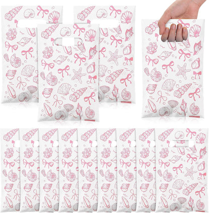 100 Pcs Bow Seashells Gift Bags Bulk Plastic Goody Bags with Handles Treat Candy Gift Packing for Beach Summer Baby Shower Birthday Party Supplies (Pink)