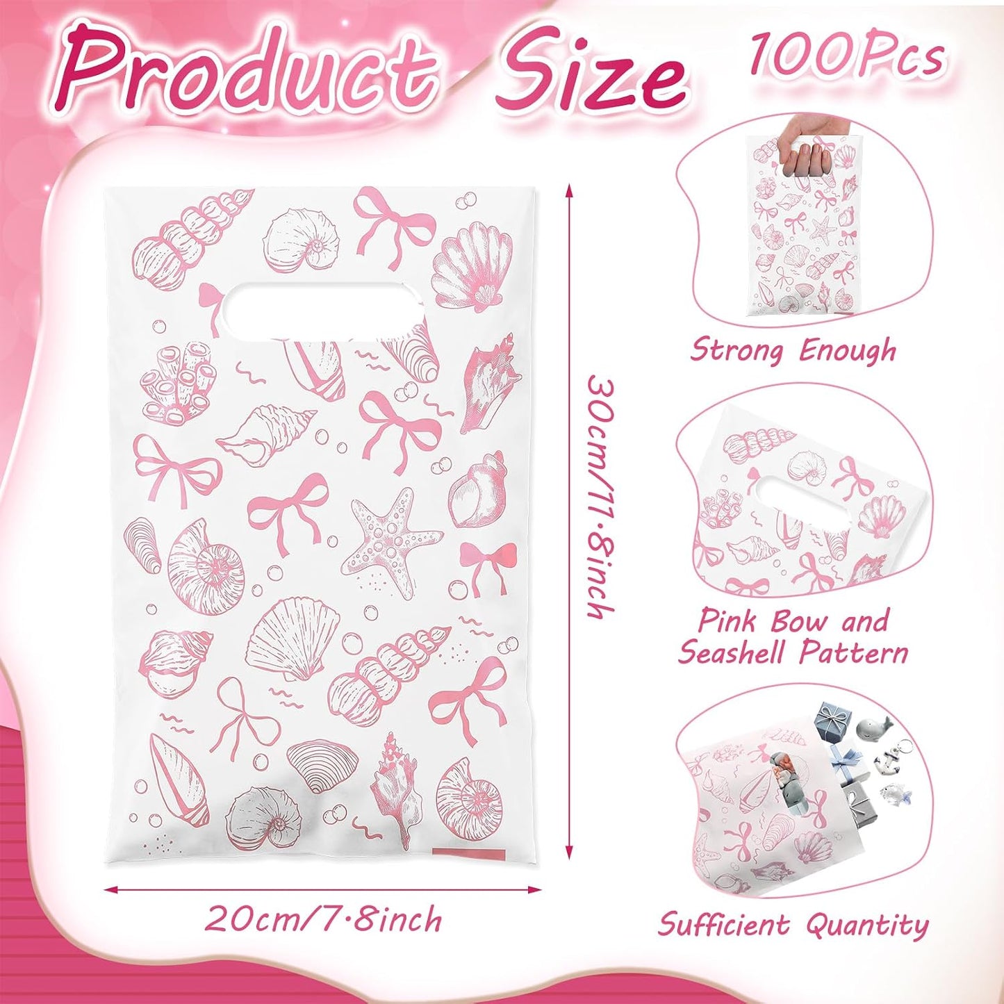 100 Pcs Bow Seashells Gift Bags Bulk Plastic Goody Bags with Handles Treat Candy Gift Packing for Beach Summer Baby Shower Birthday Party Supplies (Pink)