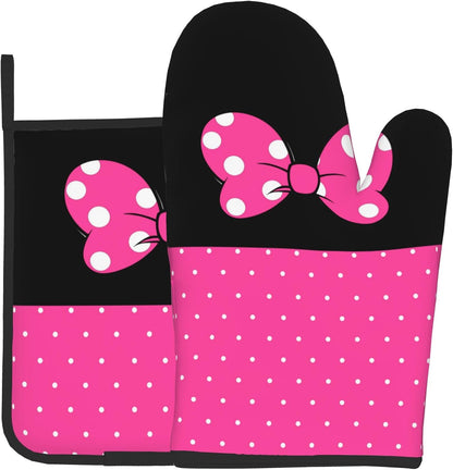 Pink Polka Dots Oven Mitts Pot Holders,Heat Resistant Non-Slip Cooking Gloves Washable,Country Oven Gloves for Kitchen Baking Grilling BBQ,Pink Polka Dots, Set of 2