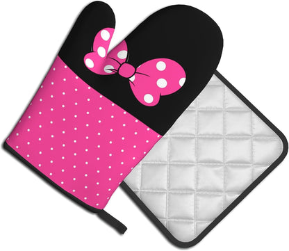 Pink Polka Dots Oven Mitts Pot Holders,Heat Resistant Non-Slip Cooking Gloves Washable,Country Oven Gloves for Kitchen Baking Grilling BBQ,Pink Polka Dots, Set of 2