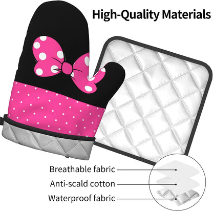 Pink Polka Dots Oven Mitts Pot Holders,Heat Resistant Non-Slip Cooking Gloves Washable,Country Oven Gloves for Kitchen Baking Grilling BBQ,Pink Polka Dots, Set of 2