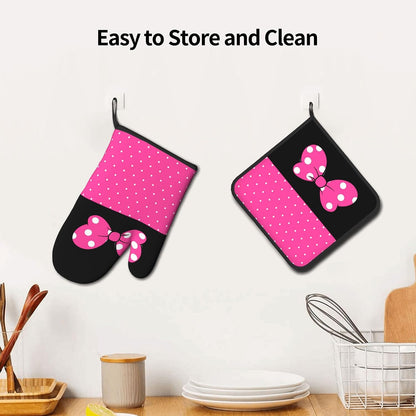 Pink Polka Dots Oven Mitts Pot Holders,Heat Resistant Non-Slip Cooking Gloves Washable,Country Oven Gloves for Kitchen Baking Grilling BBQ,Pink Polka Dots, Set of 2