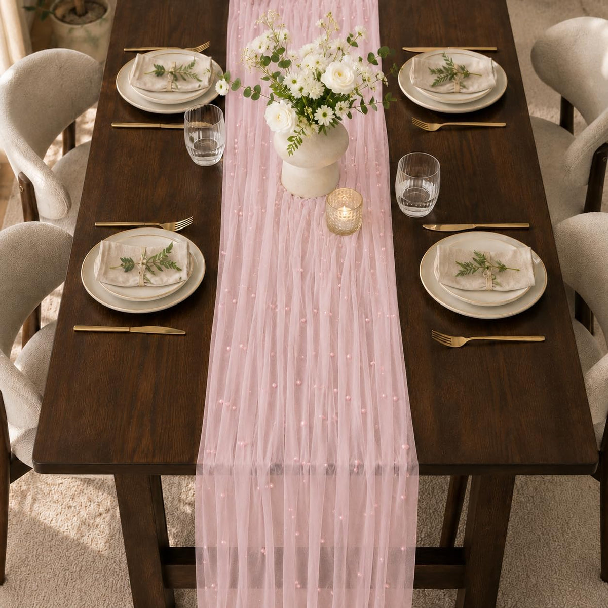 Pearl Tulle Lace Table Runner Boho Rustic Wedding Baby Shower Home Decor