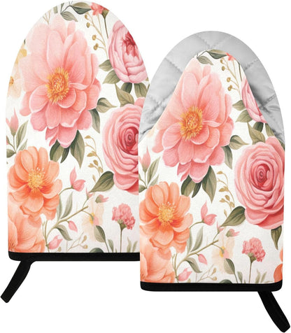 Pink Flower Heat Resistant Oven Mitts 2-Pack – Mini Short Quilted Cotton Kitchen Gloves with Non-Slip Grip, Thick Insulated Pot Holders for Baking, Cooking & Microwave