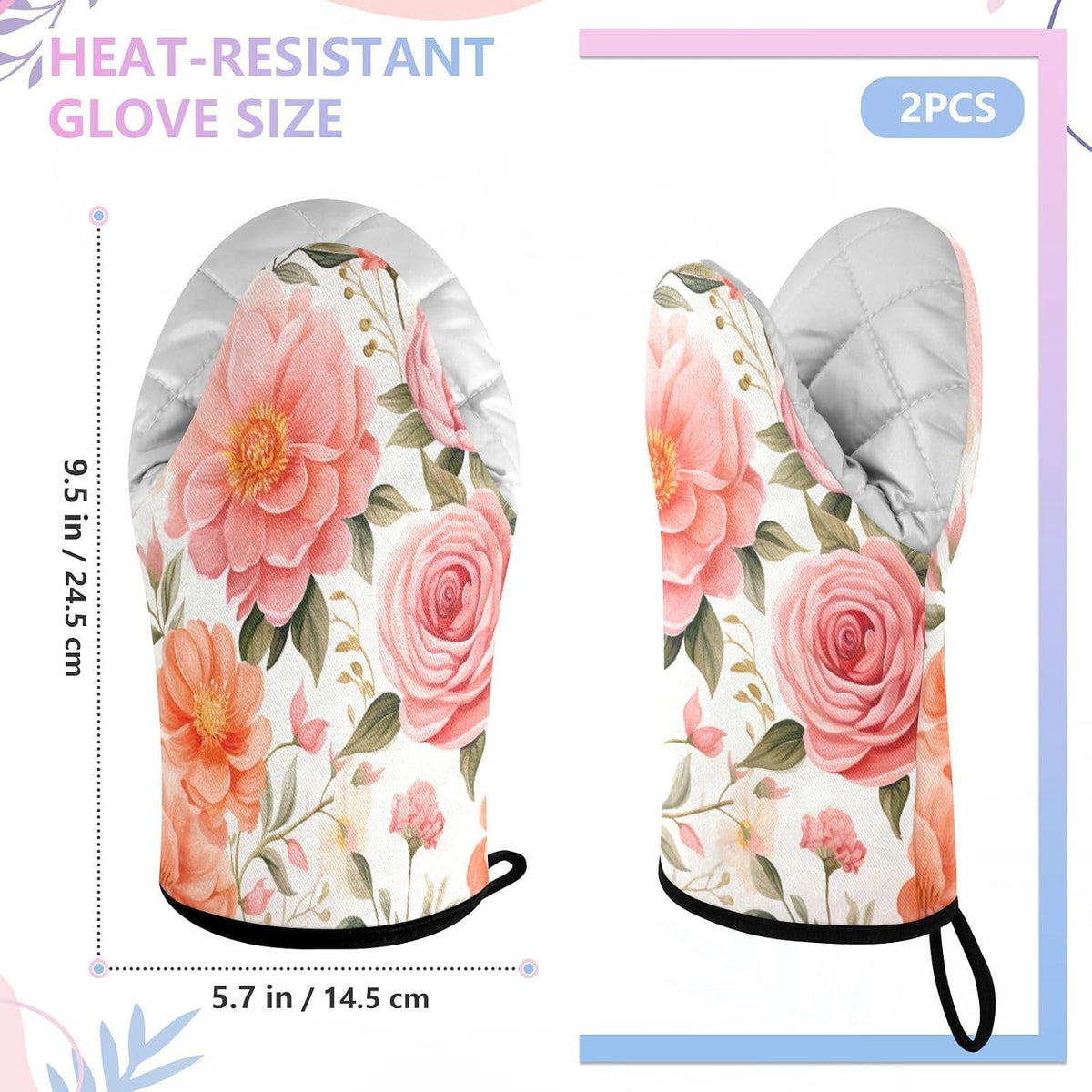 Pink Flower Heat Resistant Oven Mitts 2-Pack – Mini Short Quilted Cotton Kitchen Gloves with Non-Slip Grip, Thick Insulated Pot Holders for Baking, Cooking & Microwave