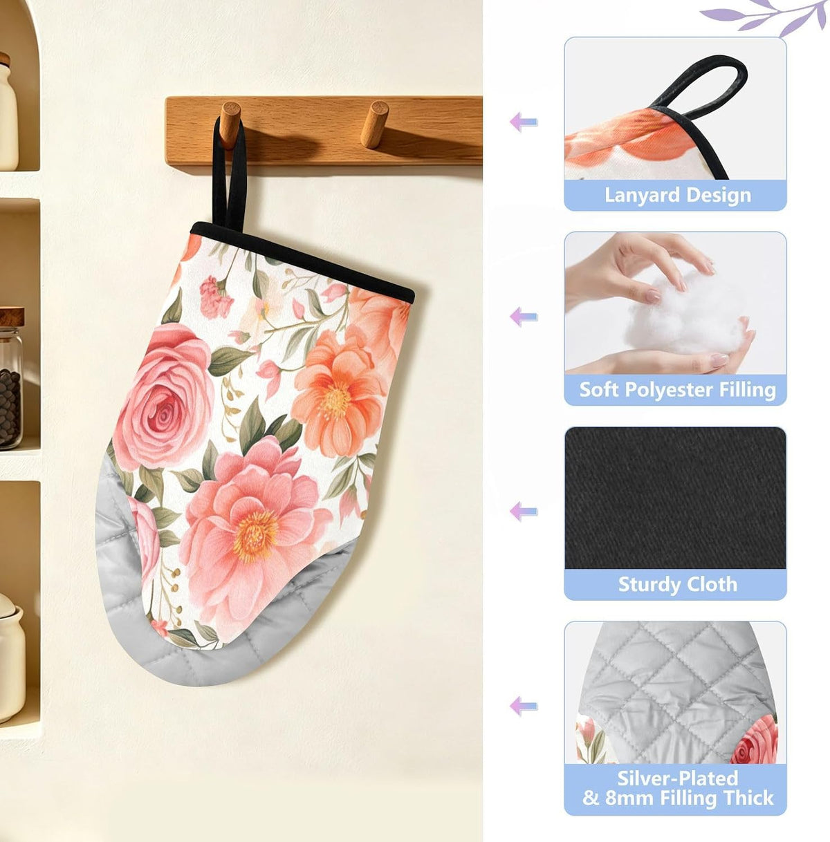 Pink Flower Heat Resistant Oven Mitts 2-Pack – Mini Short Quilted Cotton Kitchen Gloves with Non-Slip Grip, Thick Insulated Pot Holders for Baking, Cooking & Microwave