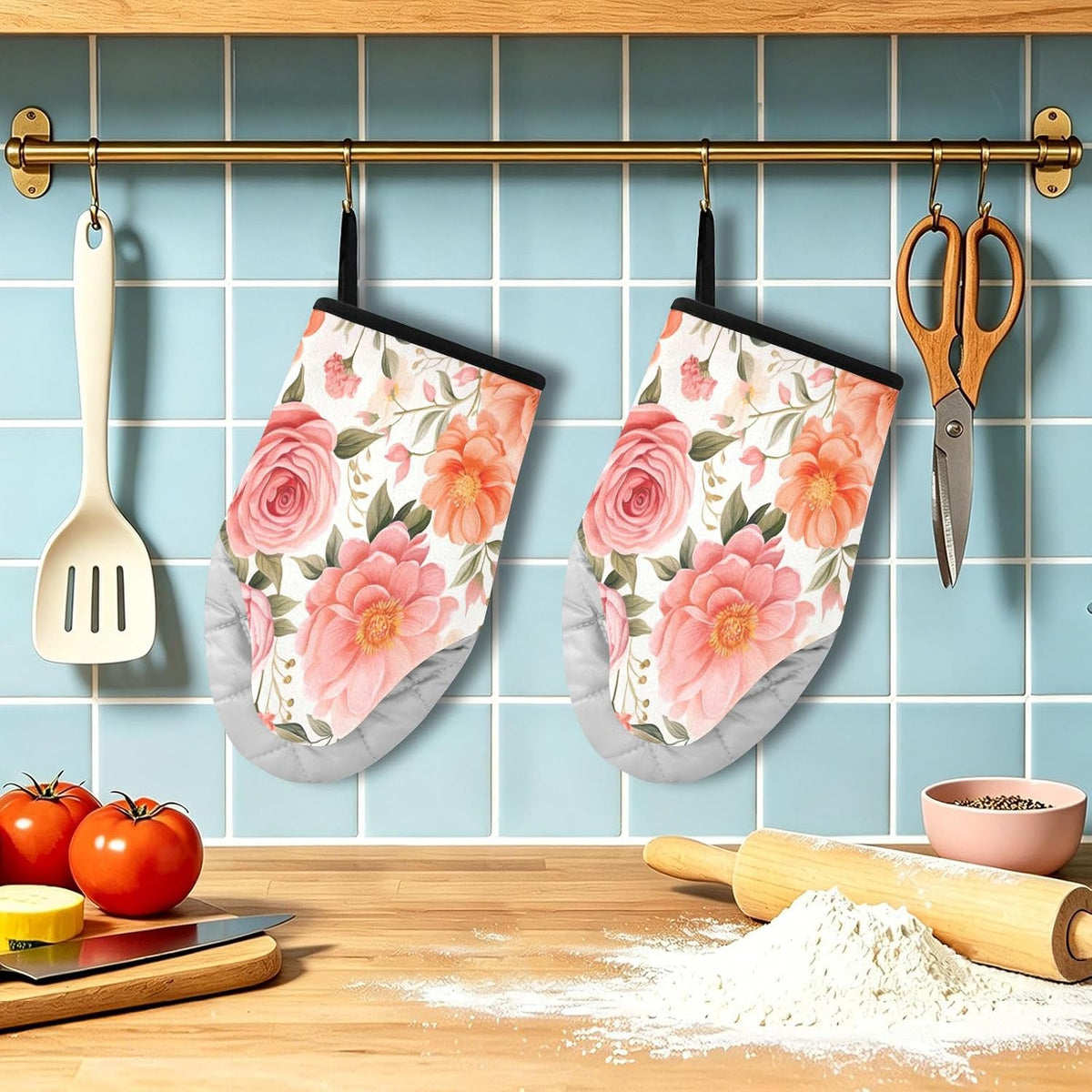 Pink Flower Heat Resistant Oven Mitts 2-Pack – Mini Short Quilted Cotton Kitchen Gloves with Non-Slip Grip, Thick Insulated Pot Holders for Baking, Cooking & Microwave