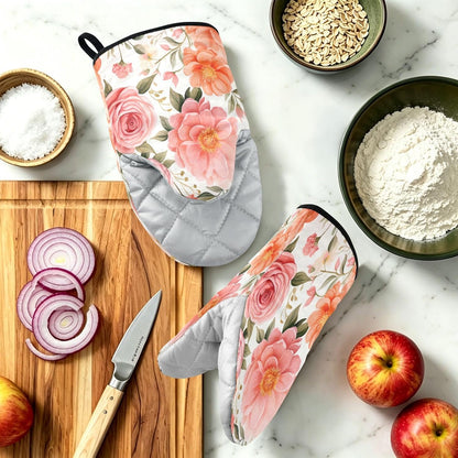 Pink Flower Heat Resistant Oven Mitts 2-Pack – Mini Short Quilted Cotton Kitchen Gloves with Non-Slip Grip, Thick Insulated Pot Holders for Baking, Cooking & Microwave