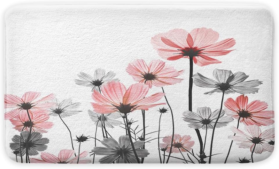 Pink Bath Rugs, Rustic Elegant Floral Pink and Gray Daisy Flower Bath Mats, Cute Wildflower Design Farmhouse Plant Grey Bathroom Rug Accessories Shower Mat Floor Mat