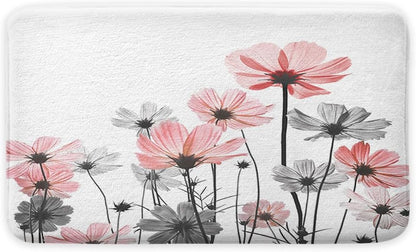 Pink Bath Rugs, Rustic Elegant Floral Pink and Gray Daisy Flower Bath Mats, Cute Wildflower Design Farmhouse Plant Grey Bathroom Rug Accessories Shower Mat Floor Mat